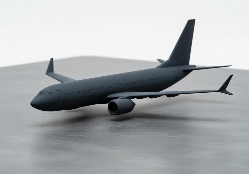 May include: A dark gray model airplane with detailed wings, tail, and engine. The miniature aircraft is set against a neutral background, showcasing its design. The model is a representation of a commercial airliner.