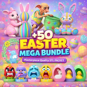 May include: A colourful Easter-themed image with bunny figures, Easter eggs, and a goblin character. The image includes the text "+50 EASTER MEGA BUNDLE" and "Masterpiece Quality STL PACKET". The image has a bright and playful colour scheme.