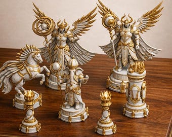 Fantasy Chess Set, 3D Printed Mythological Pieces, Luxury Strategy Game, Display Stand