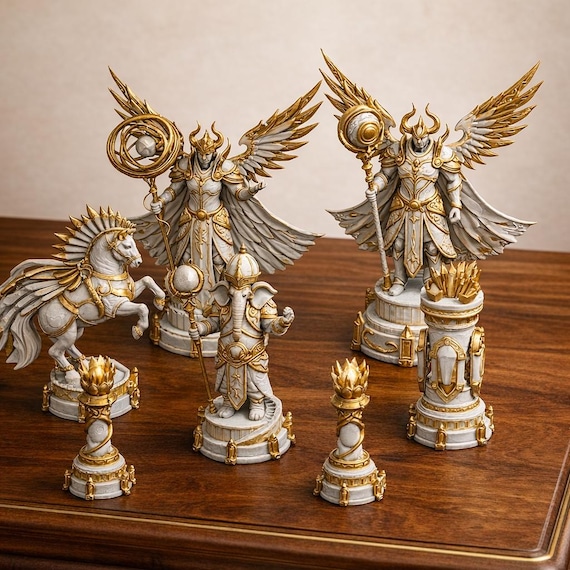 Fantasy Chess Set, 3D Printed Mythological Pieces, Luxury Strategy Game, Display Stand