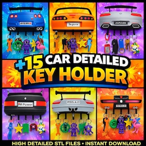 May include: A colorful collage of car-shaped key holders, each with multiple keychains. The key holders are in various colors, including blue, orange, black, and gray. The text "+15 CAR DETAILED KEY HOLDER" is prominently displayed. The keychains feature various charms.