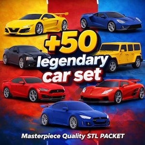 Puede incluir: Imagen que muestra una colección de coches de juguete en varios colores, incluyendo amarillo, azul, rojo y negro. El texto "+50 legendary car set" se muestra de forma destacada. También se ve la frase "Masterpiece Quality STL PACKET".
