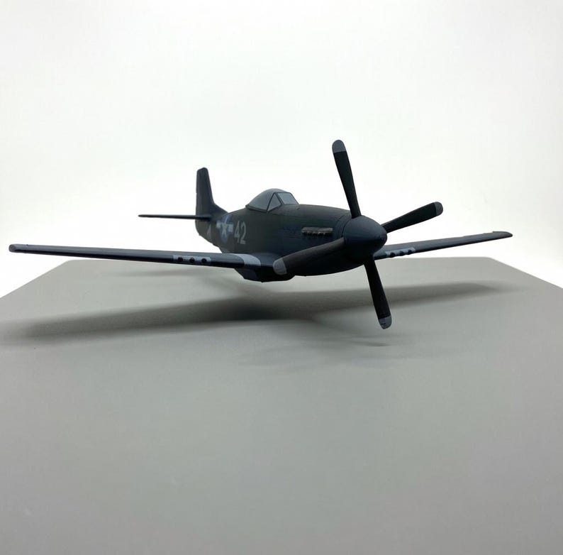 May include: A dark gray model airplane with a four-blade propeller. The plane has a streamlined design with wings and a tail. The number "42" is visible on the side of the plane. The model is set against a neutral background.