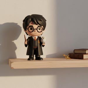 Op de afbeelding: Een beeldje van een personage met zwart haar, een ronde bril en een bliksemschichtlitteken op zijn voorhoofd, met een toverstaf en een uil. Het figuur draagt een zwarte toga en staat op een houten plank. Twee boeken en een gouden snaai liggen ook op de plank.