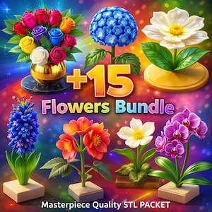 Könnte beinhalten: Eine lebendige digitale Illustration mit einer Sammlung von Blumen, darunter Rosen, Hortensien und Orchideen. Das Bild enthält den Text "+15 Flowers Bundle" und "Masterpiece Quality STL PACKET". Die Blumen sind in verschiedenen Farben vor einem farbenfrohen Hintergrund.
