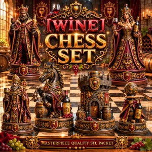 May include: A detailed wine-themed chess set with ornate, regal pieces. The set includes a king, queen, bishop, knight, rook, and pawn, all intricately designed with wine bottle and grape details. The text "WINE CHESS SET" is prominently displayed.