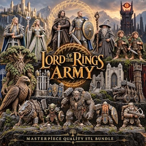 May include: A collection of Lord of the Rings themed miniature figurines including elves, humans, a wizard, hobbits, an eagle, a troll, and orcs. The set features detailed armor, weapons, and architectural structures with the text Lord of the Rings Army.