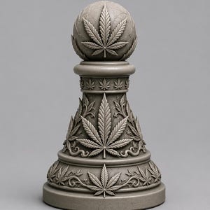 以下が含まれることがあります： 大麻の葉のデザインが施された灰色の装飾的なチェスの駒。駒は丸いベース、葉の模様が施された詳細な茎、大きな大麻の葉が付いた地球型のトップを備えています。駒は石のような素材で作られています。