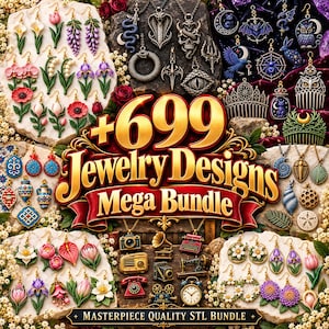 Può includere: Una collezione digitale di 699 design di gioielli con orecchini floreali, ciondoli gotici, motivi animali e oggetti vintage. Il testo +699 Jewelry Designs Mega Bundle e Masterpiece Quality STL Bundle è visualizzato in oro e rosso.