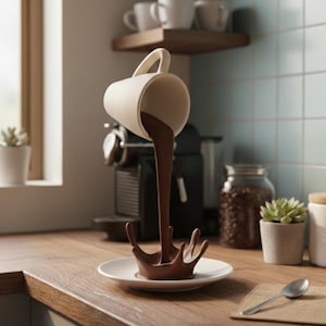 May include: A creative kitchen display shows a cream-coloured mug pouring chocolate into a splash on a white saucer. The mug appears to be floating. A coffee machine and other kitchen items are visible in the background.