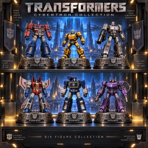Puede incluir: Un conjunto de Transformers Cybertron Collection con seis figuras de acción de robots sobre bases circulares individuales. La fila superior muestra a Optimus Prime, Bumblebee y Megatron. La fila inferior muestra a Starscream, Soundwave y Shockwave. Cada base tiene el nombre del personaje.