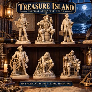 Pode incluir: Uma coleção de seis estatuetas de resina em tom esbranquiçado representando personagens da Ilha do Tesouro, exibidas em prateleiras de madeira. O conjunto inclui marinheiros, um capitão e um náufrago, com decoração náutica como lanternas.