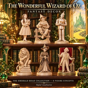 以下が含まれることがあります： 「The Wonderful Wizard of Oz Fantasy Decor」コレクションの6体のモノクロフィギュアセット。ドロシーとトト、かかし、ブリキの木こり、ライオン、魔女、魔法使いが木製の棚に飾られています。