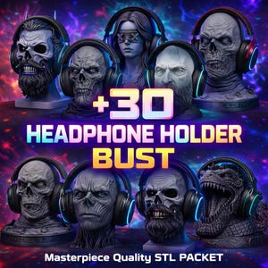 Könnte beinhalten: Werbebild mit mehreren Kopfhörerhalter-Büsten. Die Büsten sind als Schädel, eine Frau und ein Drache gestaltet, alle mit Kopfhörern. Der Text lautet "+30 HEADPHONE HOLDER BUST" und "Masterpiece Quality STL PACKET".