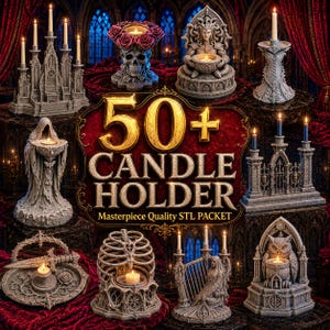 May include: A collection of over 50 grey stone-textured candle holders featuring gothic designs including skulls, owls, hooded figures, rib cages, and architectural cathedral motifs, with the text 50+ CANDLE HOLDER Masterpiece Quality STL PACKET.