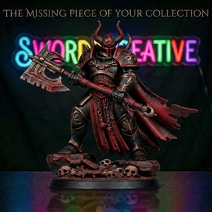 Guerrero del Caos con Cuernos (STL) / Caballero Acorazado en miniatura, hacha de batalla, calaveras (descarga digital)