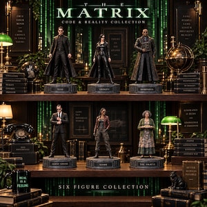 Może przedstawiać: Kolekcja sześciu figurek akcji The Matrix, w tym Neo, Trinity, Morpheus, Agent Smith, Niobe i The Oracle, każda na etykietowanej podstawie. Ekspozycja zawiera książki, lampy oraz kubek z napisem Real Is A Feeling.
