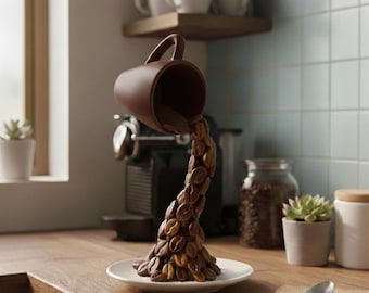 May include: A brown coffee mug seemingly pours coffee beans onto a white saucer, forming a curved stream. This creates a unique coffee-themed sculpture. The scene is set on a wooden countertop with a coffee maker and other kitchen items in the background.