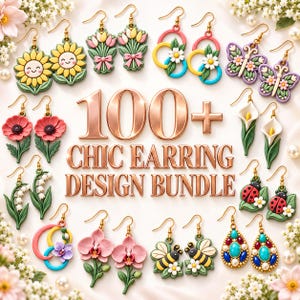 Può includere: Una collezione di vari orecchini pendenti con disegni floreali, di insetti e geometrici in colori vivaci. Il testo 100+ CHIC EARRING DESIGN BUNDLE è centrato al centro. Gli orecchini includono girasoli, tulipani, margherite, farfalle, gigli, coccinelle, orchidee, api e forme a goccia turchesi.