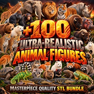 May include: A digital collection of 100 ultra-realistic animal figures featuring a diverse array of wildlife including a giraffe, elephant, lion, tiger, rhino, gorilla, bear, wolf, kangaroo, turtle, and various reptiles in a detailed landscape.