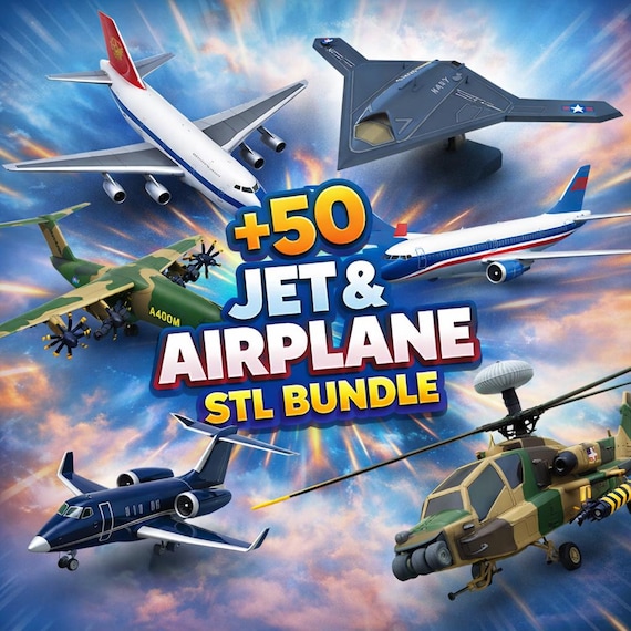 Plus 50 Jet & Airplane STL Bundle | Military, Commercial, Helicopter 3D Printer Files (Digital Download)