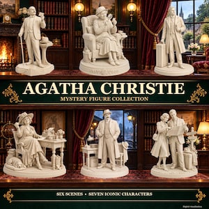 May include: A collection of six cream-coloured figurines depicting Agatha Christie characters in various scenes. The display features the text AGATHA CHRISTIE MYSTERY FIGURE COLLECTION and SIX SCENES SEVEN ICONIC CHARACTERS on a dark green background.