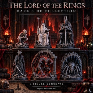以下が含まれることがあります： 「The Lord of the Rings Dark Side Collection」と題された6体の詳細なファンタジーフィギュアのコレクション。セットには、うずくまるクリーチャー、ローブを着た魔法使い、暗黒の鎧を着た騎士、フードを被ったレイス、角のある悪魔、そしてクモのフィギュアが含まれています。