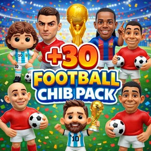 May include: A vibrant digital illustration featuring cartoon-style soccer players and a golden trophy. The image includes the text "+30 FOOTBALL CHIB PACK" in a bold, colorful design, set against a stadium background with confetti.