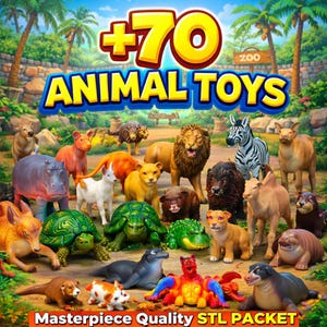 May include: A collection of over 70 animal toys, including a lion, zebra, and hippo, are displayed. The toys are brightly colored and arranged in a zoo-like setting, with text that reads "Animal Toys" and "Masterpiece Quality STL Packet."