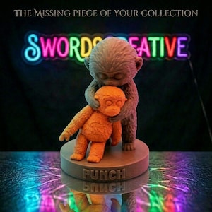 May include: A brown sculpture of two monkeys, one embracing the other. The sculpture is on a round base with the word "PUNCH" on it. The background has neon lights that spell out "SWORDS CREATIVE" and the text "THE MISSING PIECE OF YOUR COLLECTION".