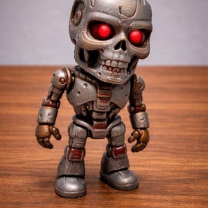 May include: A detailed figurine of a robot with a skull-like head and glowing red eyes. The figure is primarily silver with bronze and red accents, standing on a wooden surface. The design is reminiscent of a science fiction character.