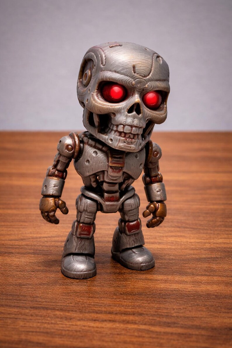 May include: A detailed figurine of a robot with a skull-like head and glowing red eyes. The figure is primarily silver with bronze and red accents, standing on a wooden surface. The design is reminiscent of a science fiction character.