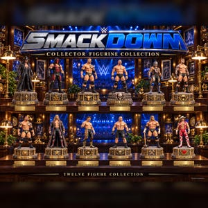 May include: A WWE SmackDown collector figurine collection featuring twelve detailed wrestling action figures displayed on two wooden shelves. Each figure stands on a unique base with a nameplate, including The Undertaker, Kane, The Rock, Stone Cold Steve Austin, Rey Mysterio, Randy Orton, Batista, Edge, Eddie Guerrero, Brock Lesnar, Triple H, and Shawn Michaels.