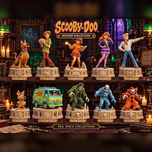 May include: A ten-piece Scooby-Doo Mystery Collection set featuring figurines of Scooby-Doo, Shaggy Rogers, Velma Dinkley, Daphne Blake, Fred Jones, Scrappy-Doo, the Mystery Machine, the Creeper, Space Kook, and the Ghost Clown on stone-like bases.