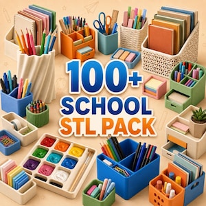 May include: A collection of 3D printable desk organizers, pencil holders, and stationery storage containers in various colors and shapes, featuring the text 100+ SCHOOL STL PACK. The set includes paint palettes, note holders, and pen cups.