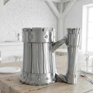 A professional collage showcasing over 20 unique 3D printable STL models for beer mugs and can holders. The image features high-detail designs including a horned Minotaur with gold accents, a gothic skull wearing aviator goggles, and a steampunk gas mask style tankard with copper pipes. The background displays various mythical, viking, and dark fantasy themed mugs in metallic silver and bronze finishes. Large yellow and blue 3D text in the center reads '20+ Can Holder & Beer Mug STL'.