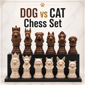 Può includere: Un set di scacchi con pezzi marroni a forma di cane e pezzi color crema a forma di gatto. Il testo DOG vs CAT Chess Set è visualizzato sopra le figure. Ogni pezzo è scolpito come un busto di razza con collari decorati e simboli alla base.