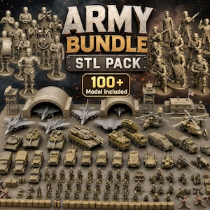 Pode incluir: Uma coleção digital de modelos imprimíveis em 3D intitulada ARMY BUNDLE STL PACK 100+ Model Included. O conjunto inclui inúmeras figuras militares em miniatura, tanques, caças, helicópteros, caminhões de transporte e hangares.