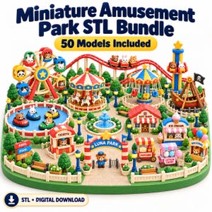 Könnte beinhalten: Ein Miniatur-Freizeitpark-Set mit 50 Modellen, darunter ein Riesenrad, eine Achterbahn, ein Karussell, ein Piratenschiff und verschiedene Essensstände. Die Szene ist mit kleinen Tierfiguren bevölkert und enthält den Text Miniature Amusement Park.