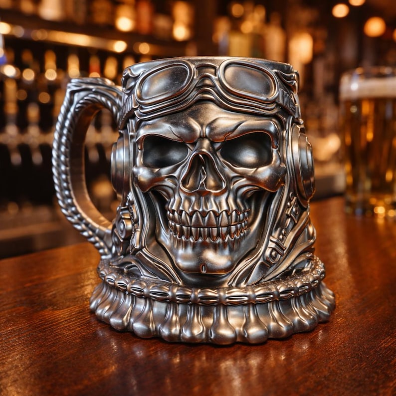 A professional collage showcasing over 20 unique 3D printable STL models for beer mugs and can holders. The image features high-detail designs including a horned Minotaur with gold accents, a gothic skull wearing aviator goggles, and a steampunk gas mask style tankard with copper pipes. The background displays various mythical, viking, and dark fantasy themed mugs in metallic silver and bronze finishes. Large yellow and blue 3D text in the center reads '20+ Can Holder & Beer Mug STL'.