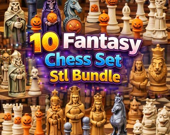10 Fantasy Chess Set STL Bundle - Gothic, Halloween, Mittelalterliche Königreich Stück (Digitaler Download)