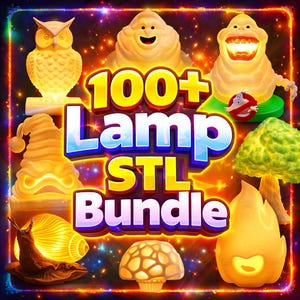 Puede incluir: Imagen vibrante que muestra una colección de lámparas impresas en 3D, incluyendo un búho, un caracol y una seta. Las lámparas emiten un brillo cálido e invitador. El texto "100+ Lamp STL Bundle" se muestra de forma destacada.