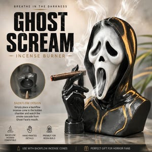 May include: A black and gold Ghost Face incense burner with a lit cigar. The burner features a white mask with an open mouth, black gloves, and a black hood. The text reads "GHOST SCREAM - INCENSE BURNER".