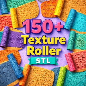 Könnte beinhalten: Eine Auswahl an farbenfrohen Texturwalzen und gemusterten Tonstücken. Das Bild zeigt den Text "150+ Texture Roller STL" in Pink, Gelb und Blau. Die Walzen und der Ton sind in verschiedenen Farben, darunter Orange, Blau, Grün und Lila.