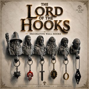 May include: A set of six gray wall hooks featuring sculpted character busts, including a wizard, elf, human, dwarf, hobbit, and creature. Each hook holds a unique pendant on a metal ring. The text reads THE LORD OF THE HOOKS DECORATIVE WALL HOOKS.