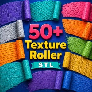 Puede incluir: Una colección de rodillos de textura coloridos con varios patrones, incluyendo ladrillo, vetas de madera y diseños florales. La imagen presenta el texto "50+ Texture Roller STL", mostrando la variedad de texturas disponibles.