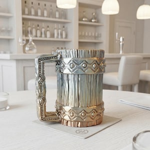 A professional collage showcasing over 20 unique 3D printable STL models for beer mugs and can holders. The image features high-detail designs including a horned Minotaur with gold accents, a gothic skull wearing aviator goggles, and a steampunk gas mask style tankard with copper pipes. The background displays various mythical, viking, and dark fantasy themed mugs in metallic silver and bronze finishes. Large yellow and blue 3D text in the center reads '20+ Can Holder & Beer Mug STL'.
