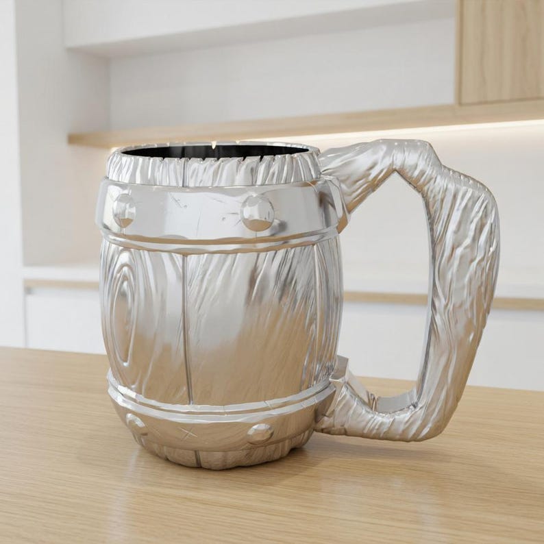 A professional collage showcasing over 20 unique 3D printable STL models for beer mugs and can holders. The image features high-detail designs including a horned Minotaur with gold accents, a gothic skull wearing aviator goggles, and a steampunk gas mask style tankard with copper pipes. The background displays various mythical, viking, and dark fantasy themed mugs in metallic silver and bronze finishes. Large yellow and blue 3D text in the center reads '20+ Can Holder & Beer Mug STL'.