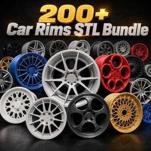 May include: A collection of various car wheel rims in multiple colours including silver, blue, red, gold, black, and white. The text 200+ Car Rims STL Bundle is displayed in large, bold, metallic lettering at the top of the image.