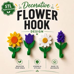 Floral Wall Hook Bundle, Sunflower Tulip Daisy Lavender 3D Print Files (Digital Download)